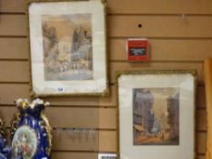 19th CENTURY CONTINENTAL SCHOOL watercolours, a pair - street scenes with ancient buildings and