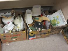 Large parcel of mixed porcelain in a box, a box of miscellaneous items including a treen toucan,