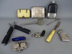 Two white metal sovereign cases, vesta and cigarette case, a snuff measure marked 'Prince Royal