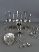 Mixed selection of silver including a christening mug, a scalloped dish, three napkin rings and