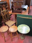 Circular faux brass and onyx occasional table, magazine rack, two folding baize topped card