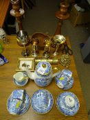 Fifteen piece Windsor china blue and white Willow pattern tea service, a pair of oak candlesticks