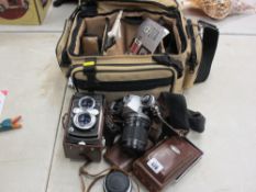 Yashica 635 boxed camera, Pentax camera and lenses an associated items