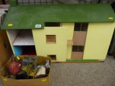 Vintage wooden doll's house and a box of metal, china and other doll's house furniture etc