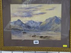 Framed watercolour study - atmospheric sky over a mountain landscape with figures in a boat on a