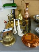 Vintage style desk lamp with green glass shade and a mixed quantity of brass, copper and other