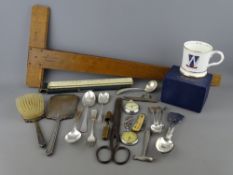 Mixed box of silver and collectables including a hand mirror and brush, a small quantity of