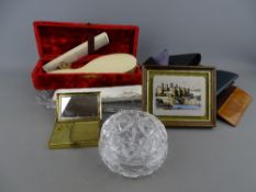 Quantity of leather wallets, a velvet boxed brush and comb and set, a glass dressing table tray with