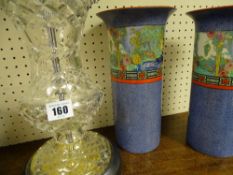 Possibly Waterford glass table lamp and a pair of Wilkinson Staffs chimney vases