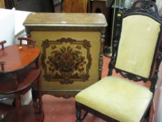 Antique style speaker cabinet with tapestry front, black and upholstered chair and a whatnot