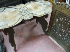 Carved three section fireguard/screen and ornately carved topped occasional table with folding base