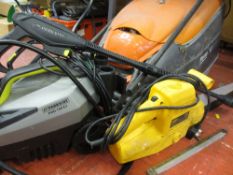 Flymo Turbo Compact 380 hover mower, Parkside PHD100 E2 pressure washer and a Dewalt DW390 power saw