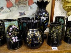 Large parcel of Jackfield type jugs and vase including a Victoria commemorative