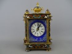 French gilt brass and champleve enamel mantel clock with enamel decorated dial and side panels