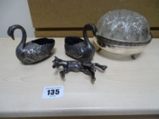 Pair of silver plated swan pin cushions, French silver based flower planter and a white metal