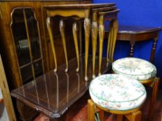 Cocktail/display cabinet, inlaid hall table, nest of three tables, two pine stools and a Long John