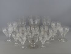 Sixteen facet cut rough pontil drinking glasses with vine and grape etched decoration and four other