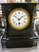 Victorian slate and marble mantel clock, the dial marked 'Perkin, Paris', with key (pendulum