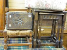 Small carved top stool, string top upholstered chair and two floral footstools