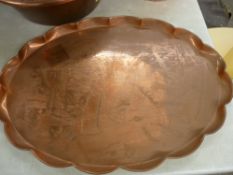 Handmade copper vintage tray with fish decoration to the centre, 58 x 41 cms