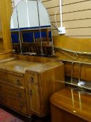 Three section mirror backed dressing chest, small wooden blanket box, large wooden headboard and a