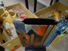 Art glass centrepiece, various fancy drinking glasses and an Art Deco style table lamp