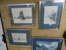 Four vintage prints including excellent London river side scene