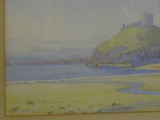 H A BANKAS, 1938 watercolour - castle on hill with seaside scene, 28 x 38 cms