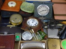 Two pocket watch travel clocks and one other, a collection of vintage pocket knives and leather