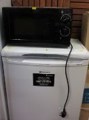 Hotpoint Future undercounter fridge and a black microwave oven E/T