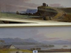 Style of SARAH L KILPACK oils on board, a pair - 'Martello Tower on the Coast', 22 x 50 cms