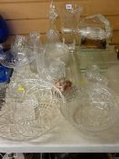 Good mixed selection of vintage and other glassware and a glass ship in a bottle on stand