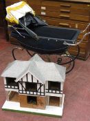 Coach built vintage doll's pram and a circa 1950's doll's house