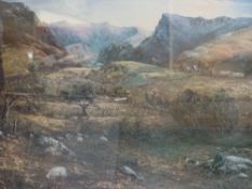 GWYNETH THOMAS limited edition print - Snowdonia with sheep and farmer to the foreground, signed