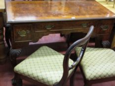 Well presented antique style inlaid desk with ball and claw feet and two balloon back and