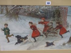 C T GARLAND vintage print - children at play in the snow, 33 x 57 cms