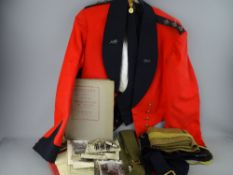 Small painted pine box containing officer's mess jacket and waistcoat, two dress medals for the