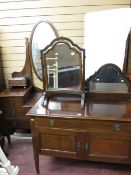Mahogany inlaid railback washstand, similar dressing chest, swing mirror and one other mirror (a