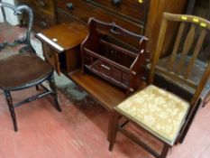 Small telephone table with single door and brush slider, magazine rack and two non-matching chairs