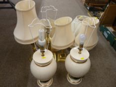 Four modern decorative brass table lamps with shades and two classically styled pottery table