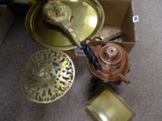 Copper spirit kettle, miscellaneous brassware and a box of jigsaws