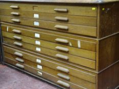 Wooden nine drawer three section plan/map chest, 150 cms wide, 93 cms deep, 89 cms high