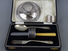 Hallmarked silver including a child's table set of fork, knife, spoon and napkin ring, a further