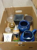 Mixed box of pottery and glassware etc including a blue Denby stoneware jug