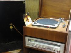 Mid Century teak cabinet with fitted Gold Ring G99 turntable, Leak 3200 AM/FM stereo receiver and