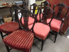 Set of six (four plus two) Hepplewhite shieldback chairs with non-matching upholstery