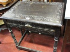 Black ebonized carved hall table with drawer and lion mask handle