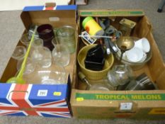 Two mixed boxes of vintage glassware and household goods etc