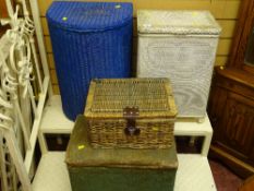 Three items of loom style storage baskets and a small woven picnic basket