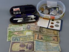 Cased mother of pearl handled sewing set, a plastic tub of vintage and later British and overseas